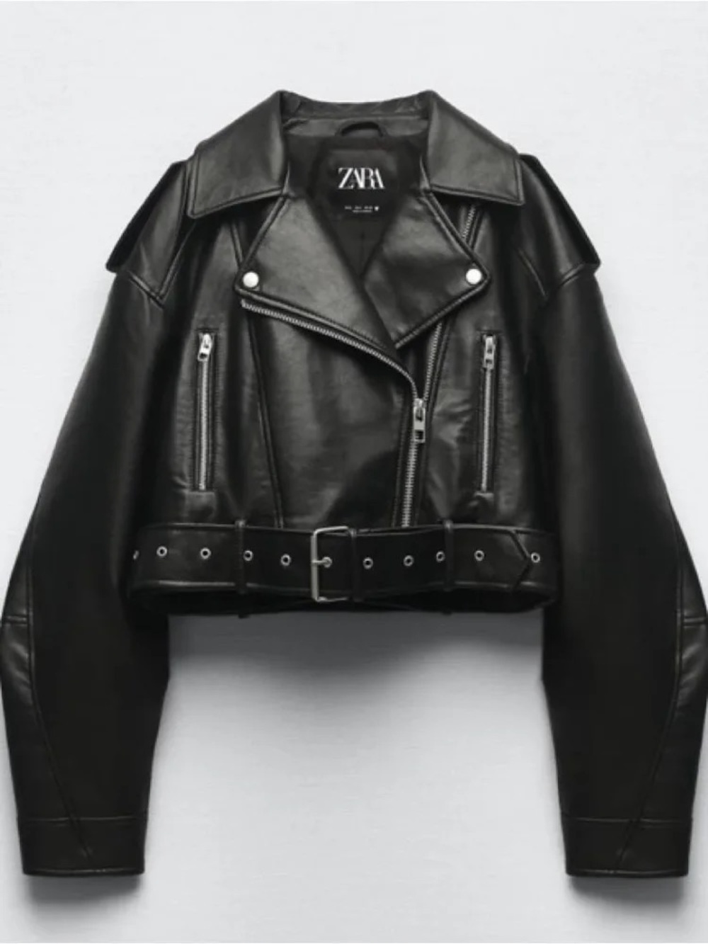Zara Black Cropped Leather Biker Jacket with Belt